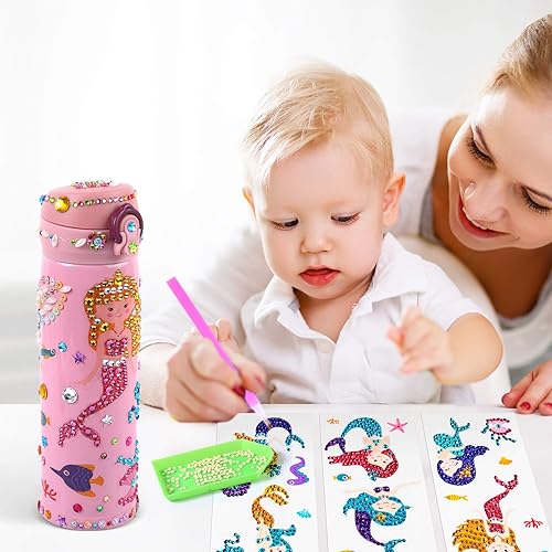 Miniatura 6 de Decora tu propia botella de agua con kits de calcomanías de pintura de diamantes 5D de sirena y gemas con purpurina, kits creativos de arte y