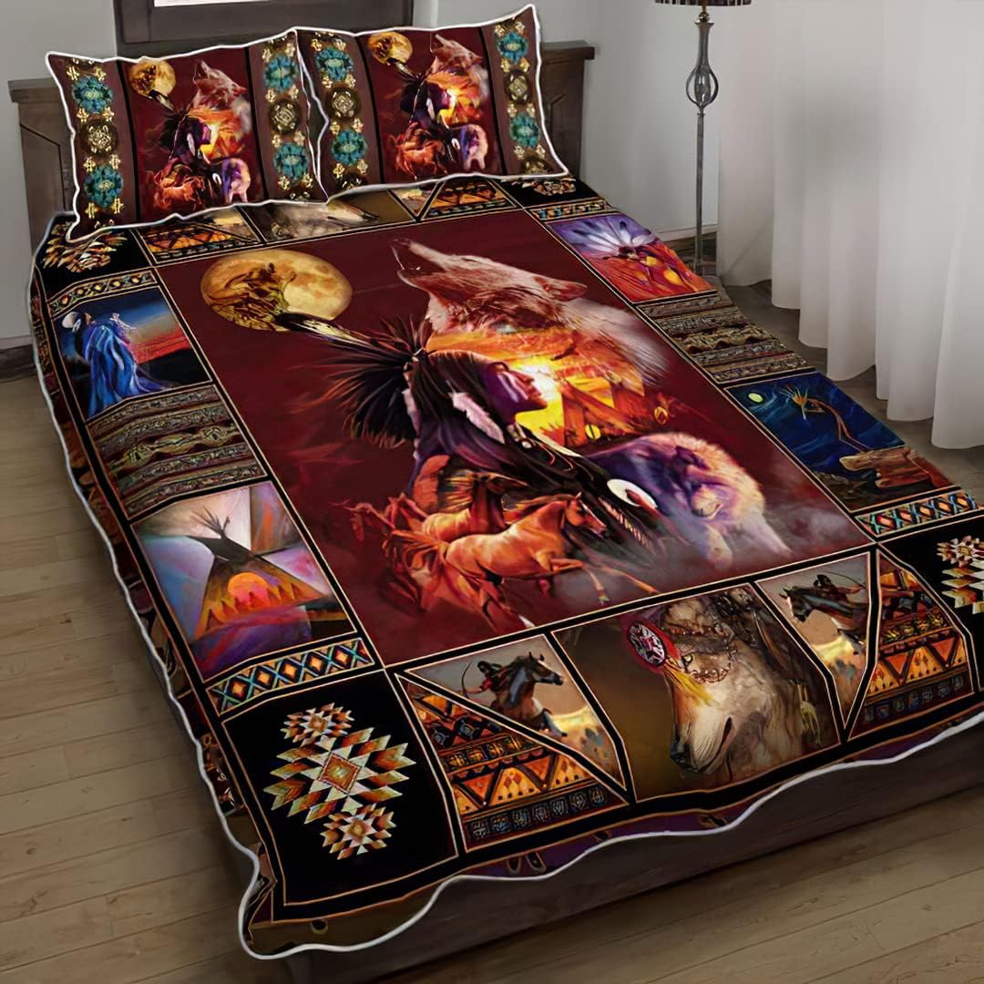 Moon Wolf Native American Inspired Quilts Bed Set Bedding Set 3 Pieces Quilt Cover with Pillowcase Cover Soft Comfortable for Kids Parents Us Single Throw Twin Queen King