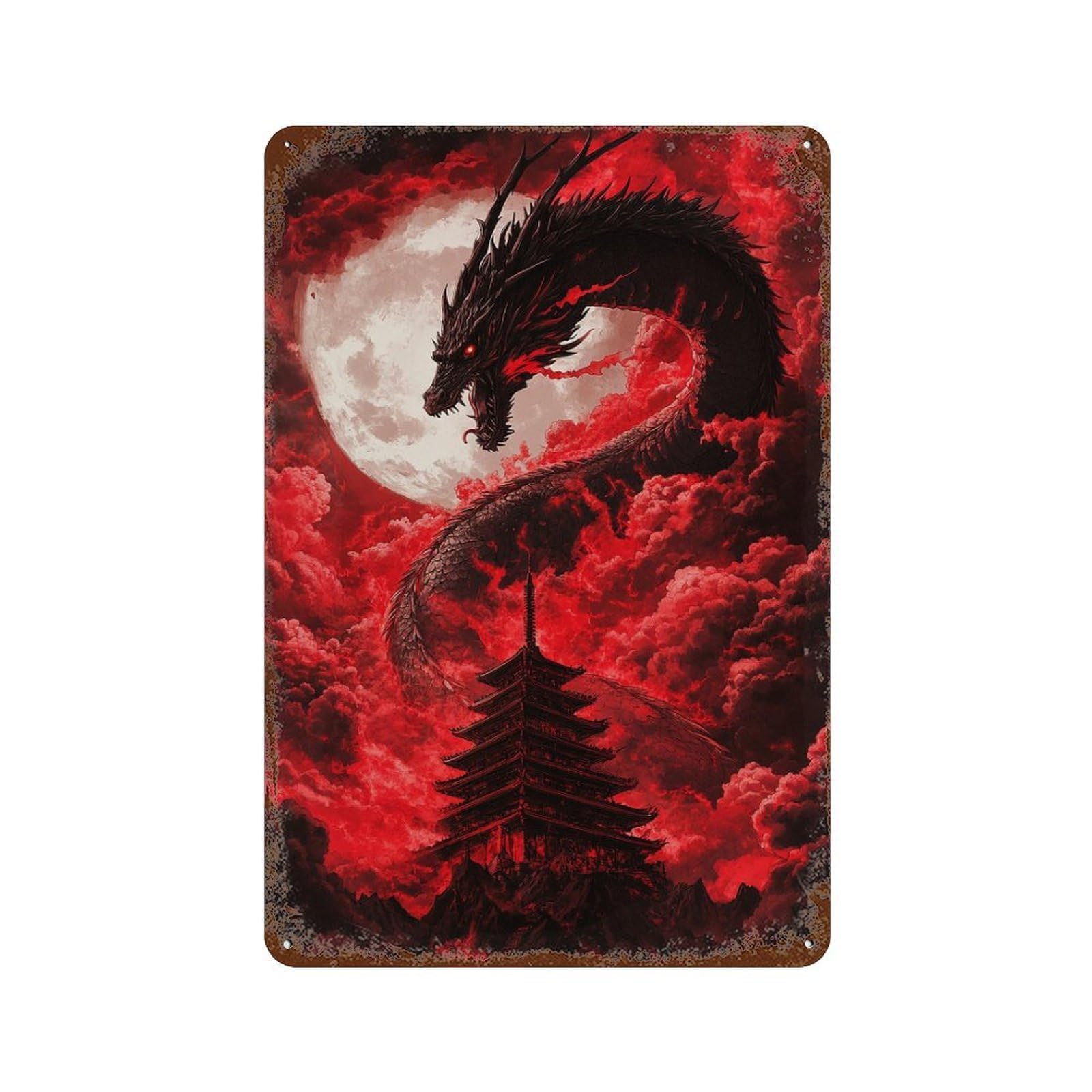 Dragon Moonlit Sky Rustic Tin Plaque 11.8"x7.9", Rustic Home Decor for Office, Studio And Wall Decor