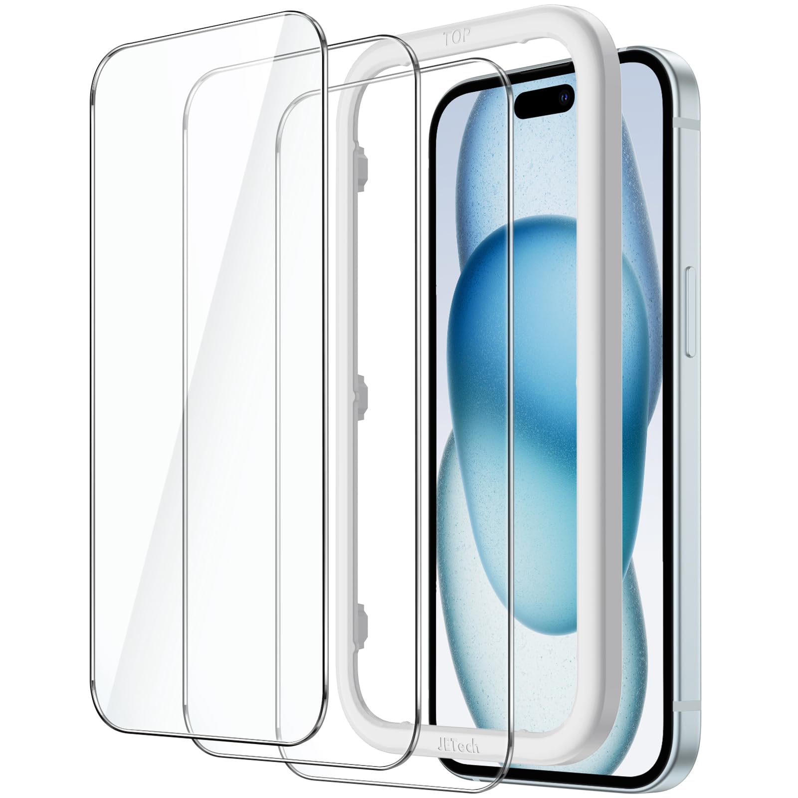 JEDirect iPhone 15 Plus (6.7 inch) Protective Film, Tempered Glass Film with Guide Frame, No Interference, HD Clear, Set of 3