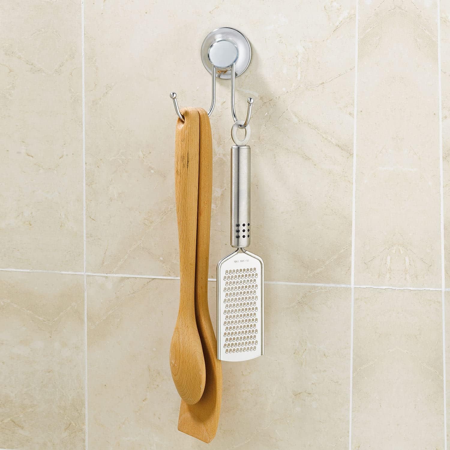Vacuum Suction Wall Mounted Chrome Double Robe Hooks, Utility Hooks for Hanging Scarf, Bag, Towel, Key, Cap, Cup, Hat, kitchen tools, Easy Install, No Drilling, EVL-10249B