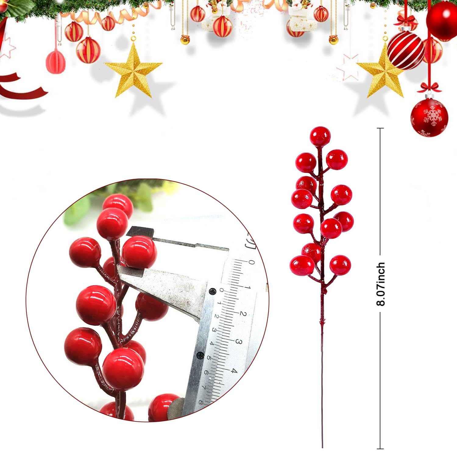 Christmas Artificial Holly Berries, 16 Pieces Red Artificial Berry Stem Ornaments, 8 Inche Artificial Red Berry Stems, Red Berries for Christmas Tree, DIY Xmas Wreath, Holiday and Home Decoration - Image 3