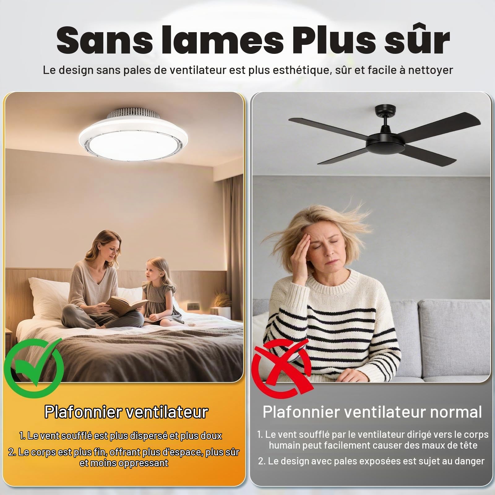 Ventilateur de plafond LED sans pales avec éclairage lampe Ø43,5 cm 100W | Ventilateurs télécommande minuterie | Plafonnier à intensité variable à 6 vitesses pour chambre à coucher et salon