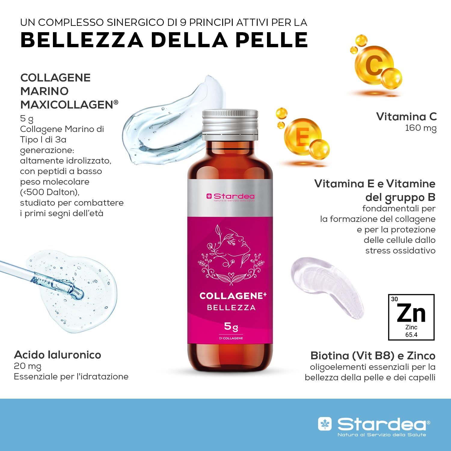 COLLAGENE MARINO e ACIDO IALURONICO 8 Flaconcini da Bere | 5g Collagene Marino idrolizzato e Acido ialuronico + Vitamina C + Biotina + Zinco + Niacina | STARDEA COLLAGENE + BELLEZZA SHOT