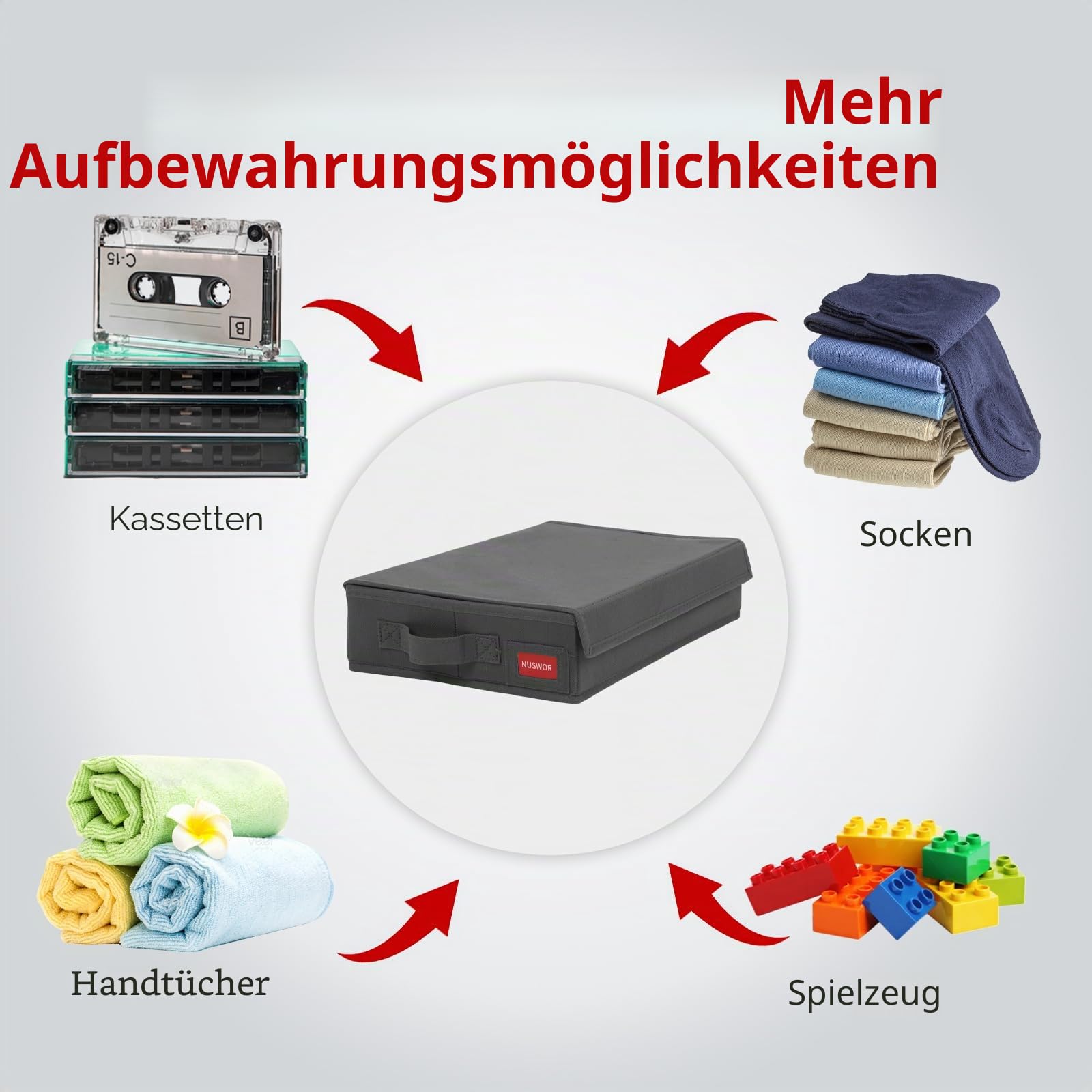 NUSWOR Stapelbare Kassetten-Aufbewahrungsbox – Staubdichte Kassettenregale mit Deckel – Audio-Kassettenhalter 3 Stück – Hält 144 Kassettenhüllen – 16,34 x 9,25 x 3,4 Zoll – Grau