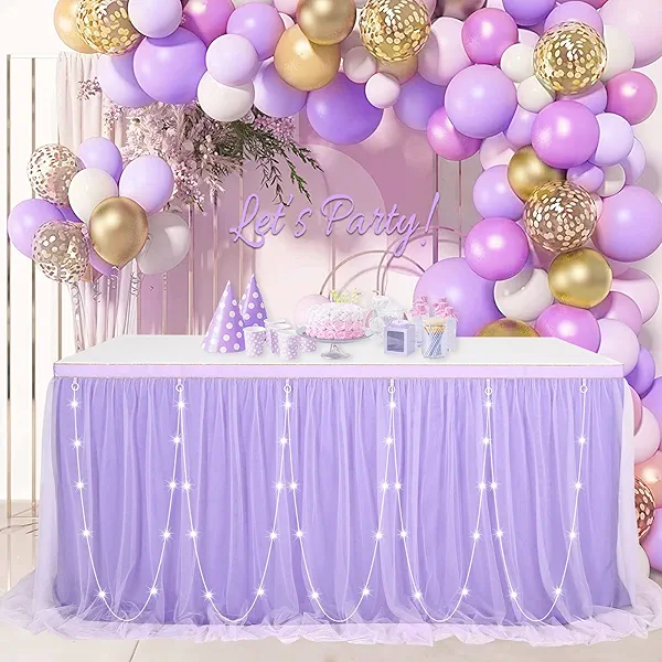 Tulle Table Skirts for Rectangle Tables 9FT Purple Table Cloth with Double Layer Lavender Table Skirt Birthday Parties Banquet Decorations