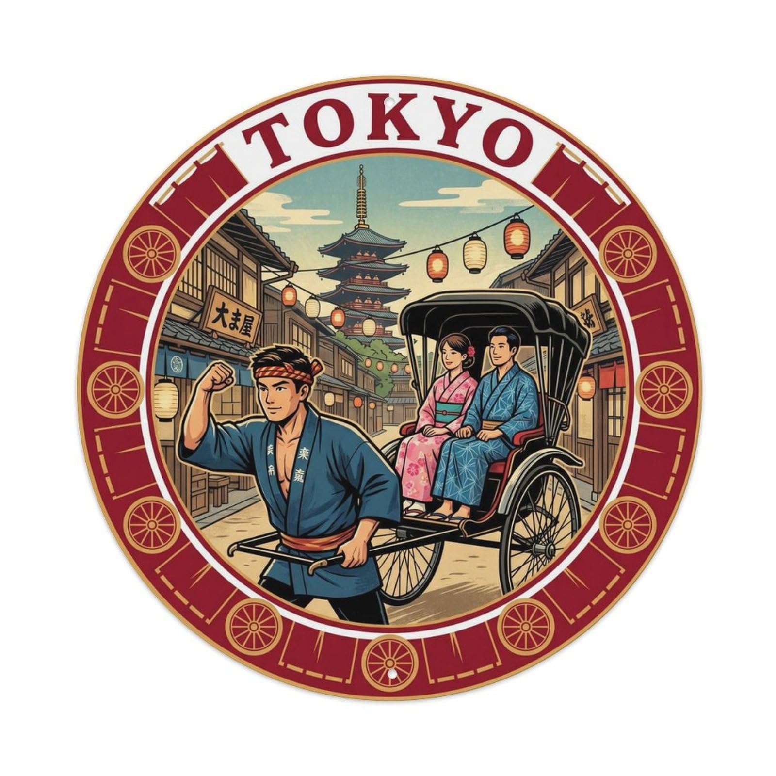 Olyhtr 8X8inch Classic Style Tokyo Asakusa Rickshaw Puller Town Boat Journey Metal Tin Sign