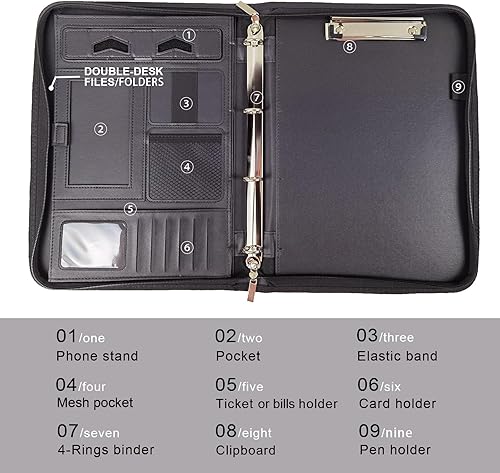 Miniatura 4 de Cartera de cuero A4 Padfolio Padfolio Carpeta recargable de 4 anillas con cremallera, organizador profesional de documentos de negocios para hombres