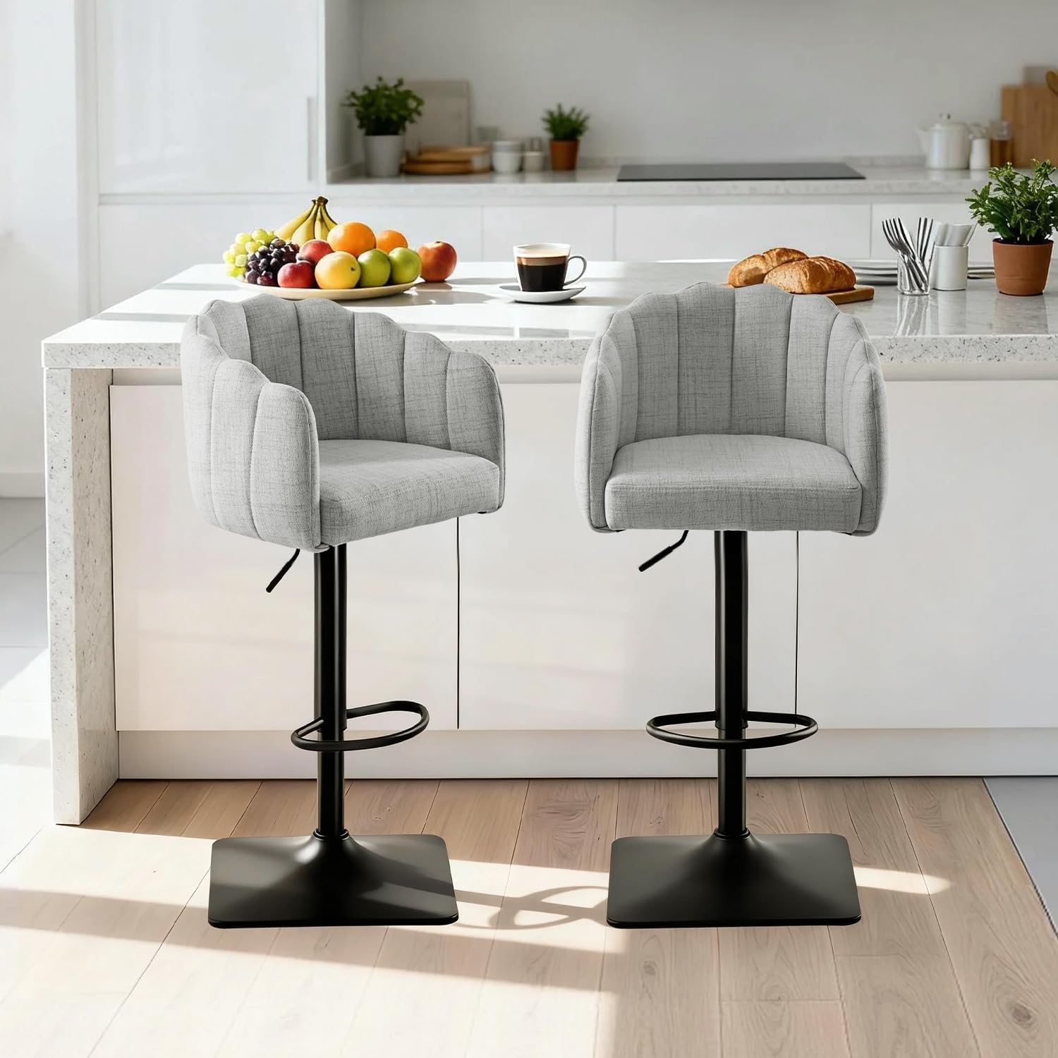 Swivel Bar Stools Set of 2 for Kitchen Counter,Modern Upholstered Barstools with Back and Metal Legs,Adjustable Fabric Bar Chairs for Bar,Kitchen Island(Grey)
