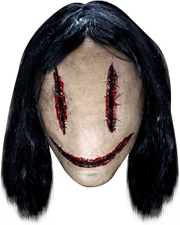 Halloween Creepy Stitched Female Ghost Mask Horror Devil Mask with Hair Scary Costume Cosplay Latex Mask red,Black