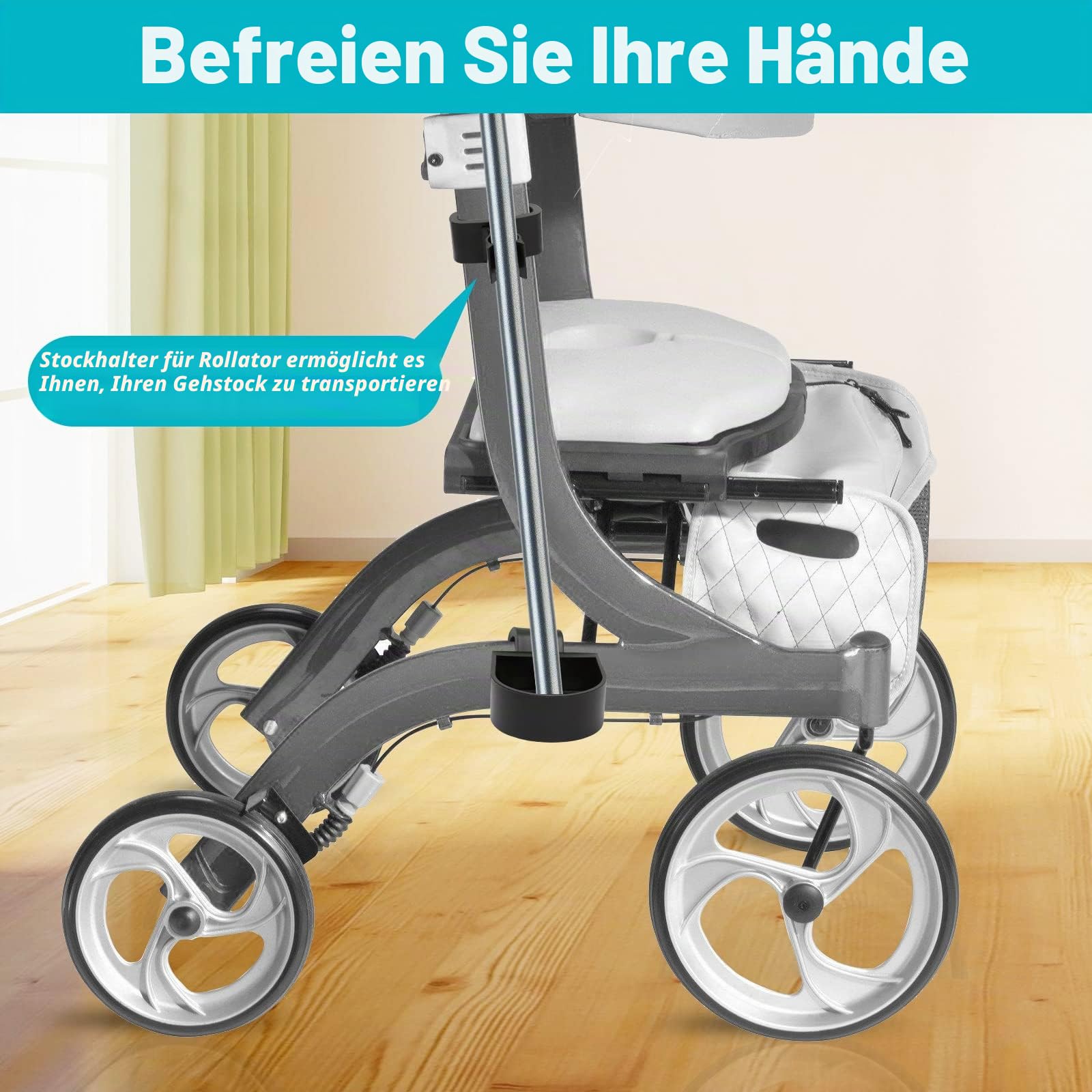 Stockhalter für Nitro-Rollatoren mit flachem Rahmen, Drive Walker Cane Holder, Verstellbare Krückenhalterung für Rollstühle, Rollatoren, Knieroller, Assistent Halterung für Stock oder Stick Benutzer,
