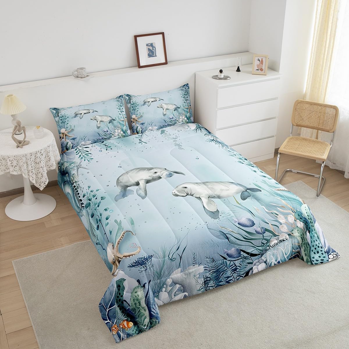 Erosebridal Manatee Comforter Set Teal Blue Ocean Beach Coastal Twin Bedding Comforter Sets for Girls,Starfish Octopus Tentacles Quilt Underwater Creature Coral Duvet Insert,Kawaii Fish Room Decor