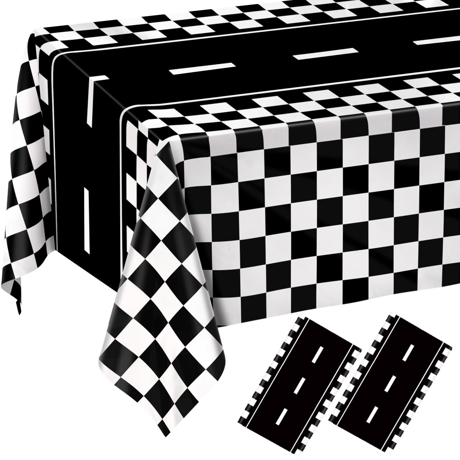 QISOLIY 2 PCS Race Car Tablecloths Racing Car Theme Disposable Table Cloth Black Checkered Flag Racetrack Rectangular Table Covers for Birthday Party Decorations, 54 x 108 Inch