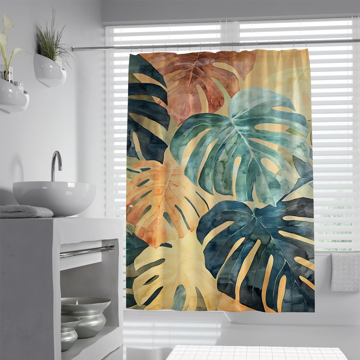 UIRINGART Vintage Colorful Monstera Palm Leaves Shower Curtain W90xL180cm Retro Tropical Jungle Botanical Pattern Polyester Waterproof Mildew Resistant Bath Decoration With Hooks