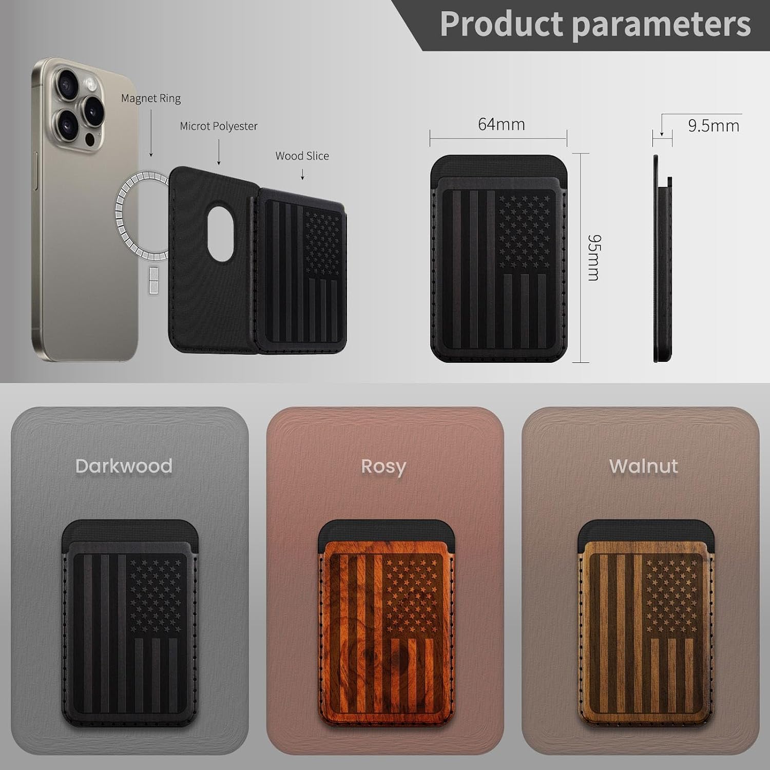 Carveit Designer Wood Wallet, Compatible with MagSafe Wallet, Magnetic Card Holder for iPhone 12/13/14/15/16 Pro Max, for Galaxy S22/S23/S24 Ultra, Pixel 7/8/9 Pro (American Flag - Black Wood)