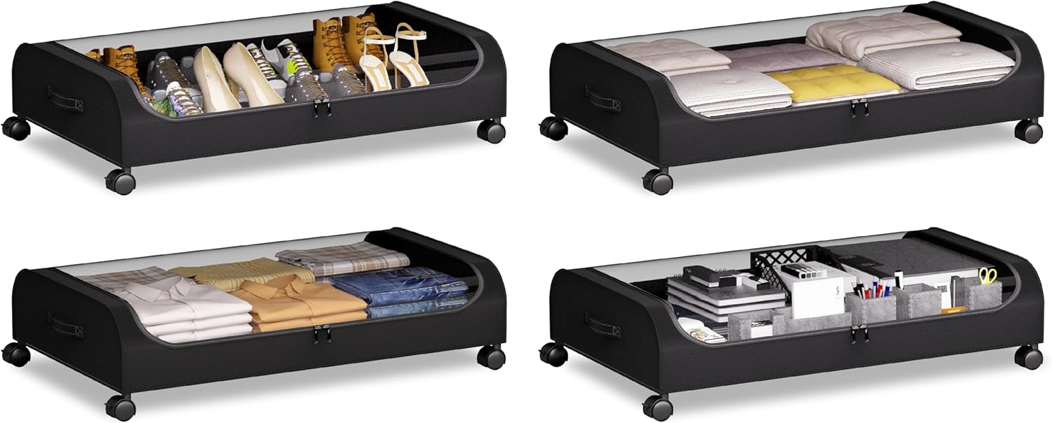 Under Bed Storage with Wheels, 4 Pack Curved Under Bed Storage Containers, 60L Under The Bed Storage Bins, Rolling Under The Bed Storage Metal Drawer for Clothes, Blankets, Shoes-Black
