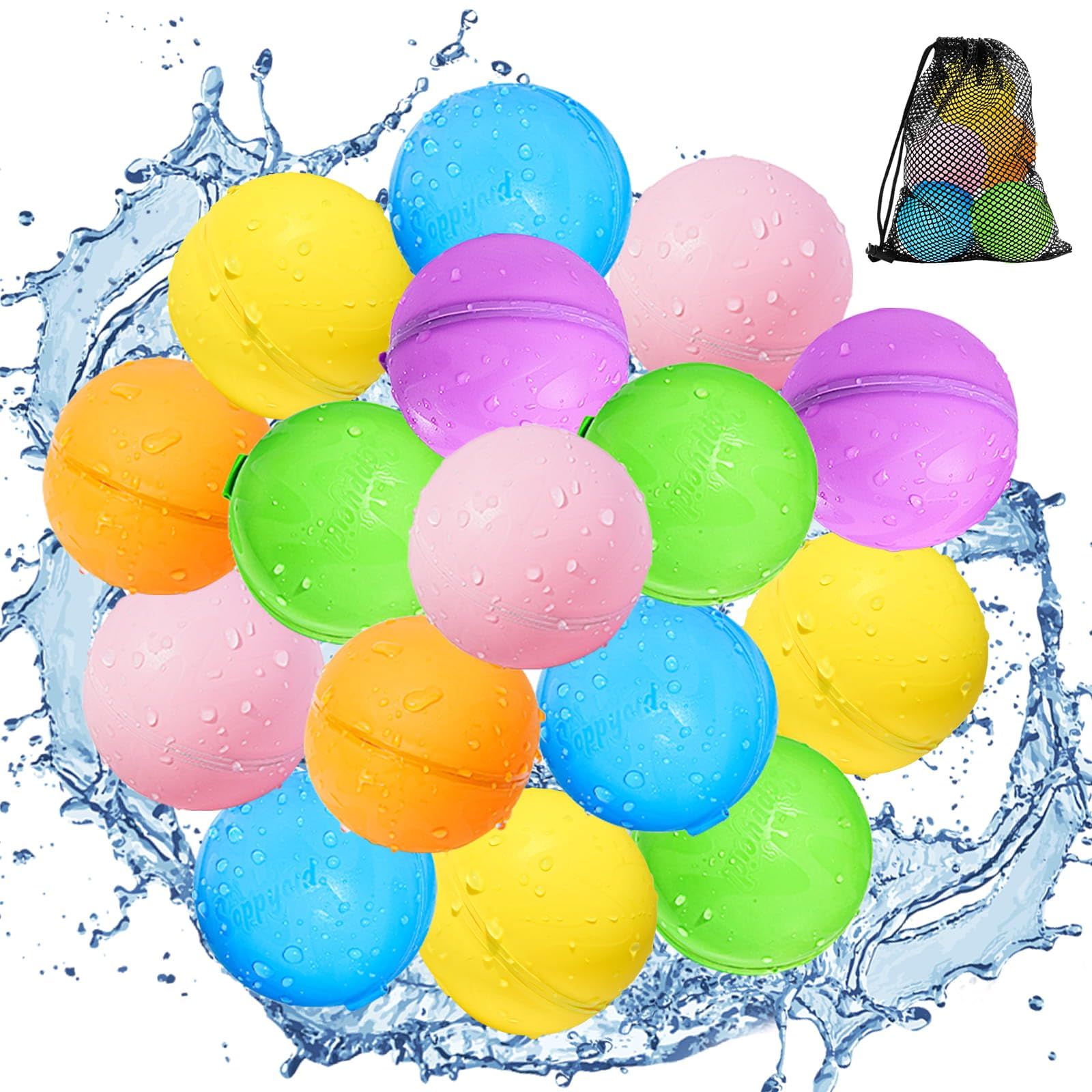 Smasiagon 16 PC Reusable Water Bombs Balloons, Magnetic Refillable Water Splash Balls Self Sealing Quick Fill, Latex-Free Silicone Water Toys for Kids Adults Water Games Outside Summer Fun Party