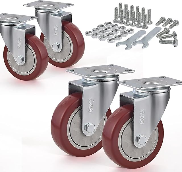 FOSLAP Heavy Duty Castor Wheels 600 KG 100 mm with Wrench and Bolt Screws - PU Rubber Swivel Wheels for Moving Furniture and Trolley (Red All 4 Non Brakes)