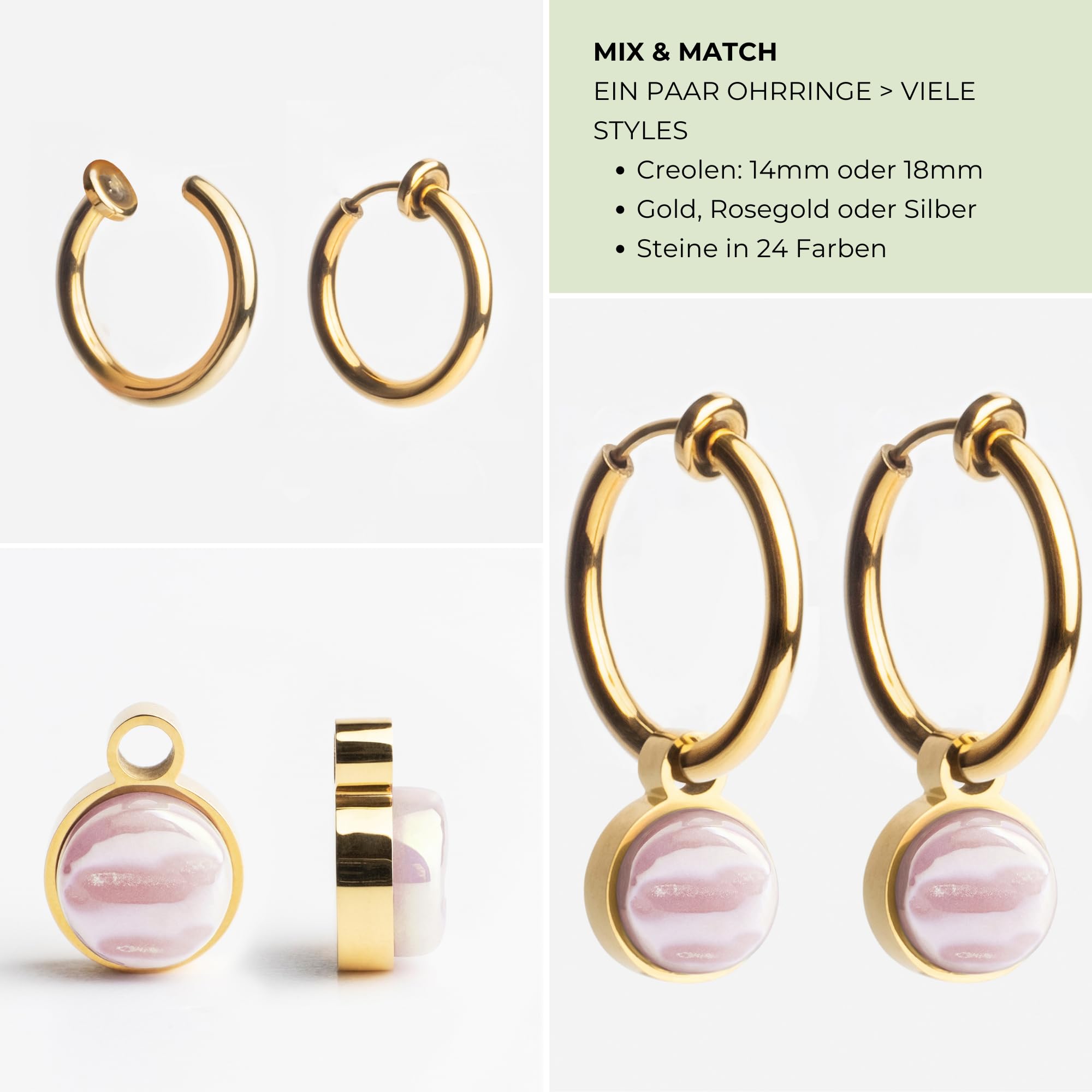 Ohrclips Creolen Gold • Clip Ohrringe mit Charm zum Wechseln • 18k vergoldeter Edelstahl & recyceltes Glas • nachhaltig & handmade • MIX AND MATCH • Ø 18 mm