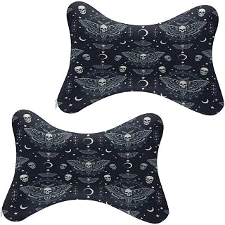 2Pcs Goth Moth Dead Skull Moon Car Seat Neck Pillow Ergonomic Design, Comfortable Soft Memory Foam Neck Rest Cushion Pillow for Driving Travel Car