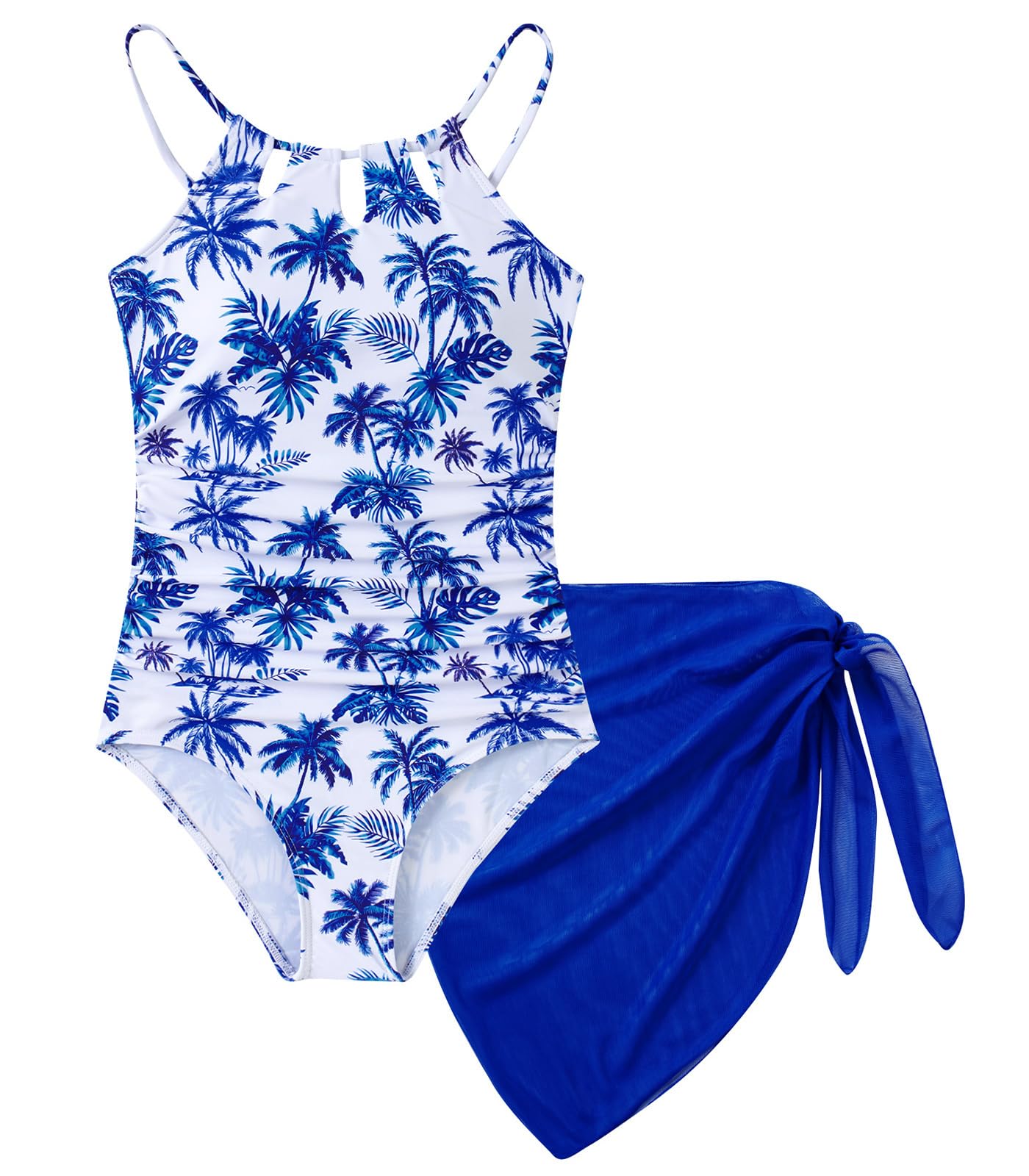 Girls One-Piece Swimsuit Bathing Suit with Cover Ups Size 7-16 | Adjustable spaghetti straps,Cut-out design, Removable chest pads, Swimwear for the beach, swimming pool, Hawaiian vacation