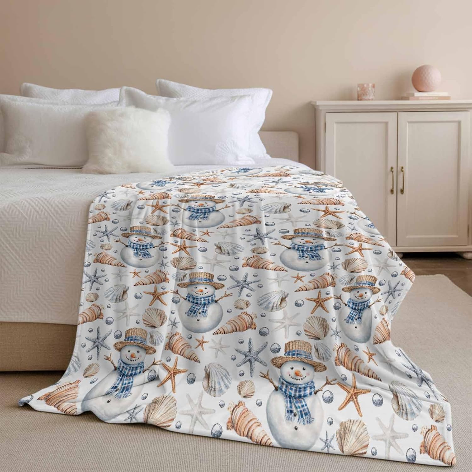 Throw Blanket for Couch Bed Blankets Winter Christmas Snowman Seashell White Soft Cozy Fluffy Fleece Throws Dorm Room Decor Gifts for Girls Women Men Birthday Holiday 50" W x 60" L