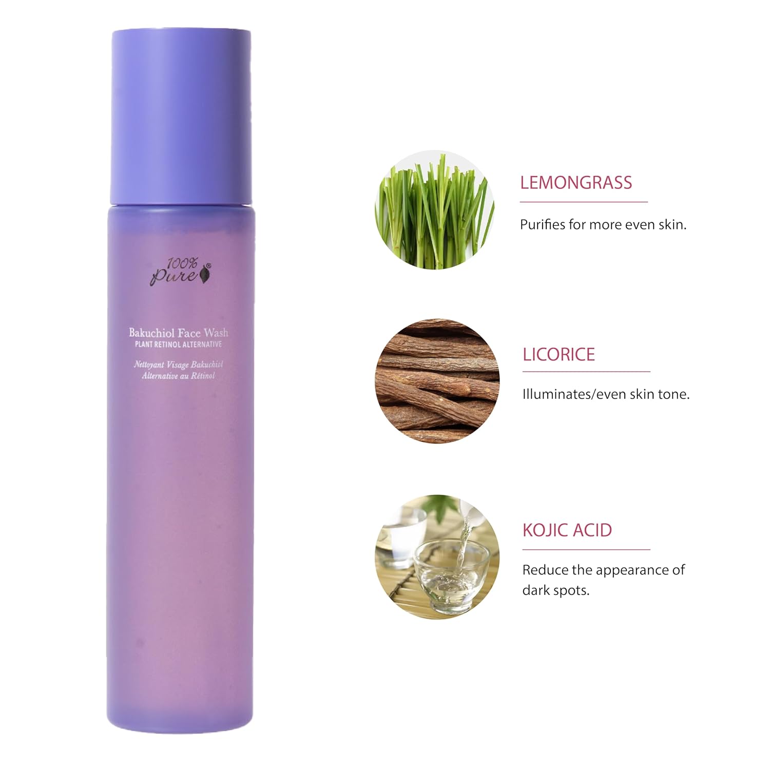 100% PURE Bakuchiol Face Cleanser Plant-Based Retinol Alternative Anti Aging Face Wash Gentle Kojic Acid & Licorice Daily Skincare Boost - Fresh Foam Facial Cleansing for Women & Men - 3.4 fl oz - Image 4