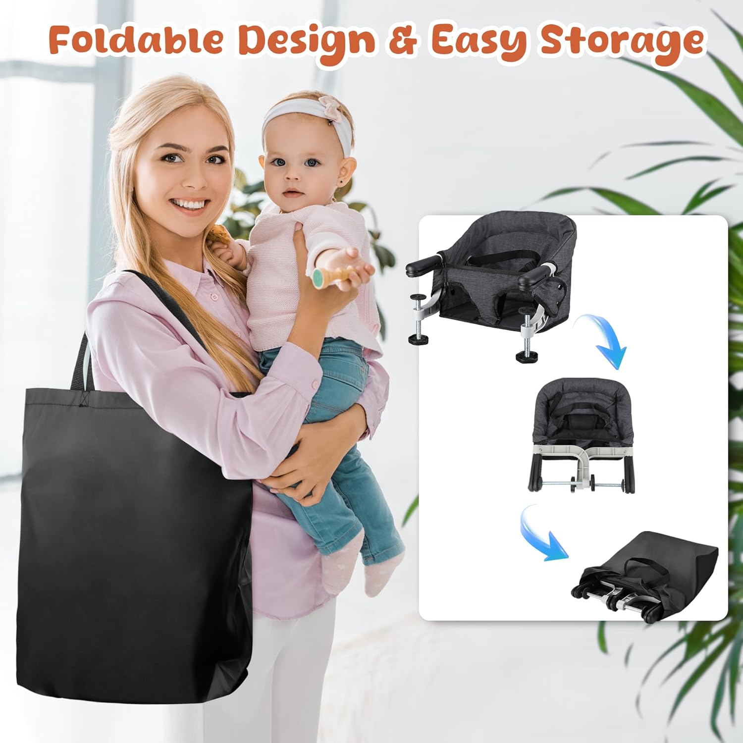 Hook On High Chair, Portable Foldable Clip On Baby Travel High Chair, Lightweight Feeding Seat with Storage Bag, BPA-Free Safety Harness for Home Restaurant (Black)
