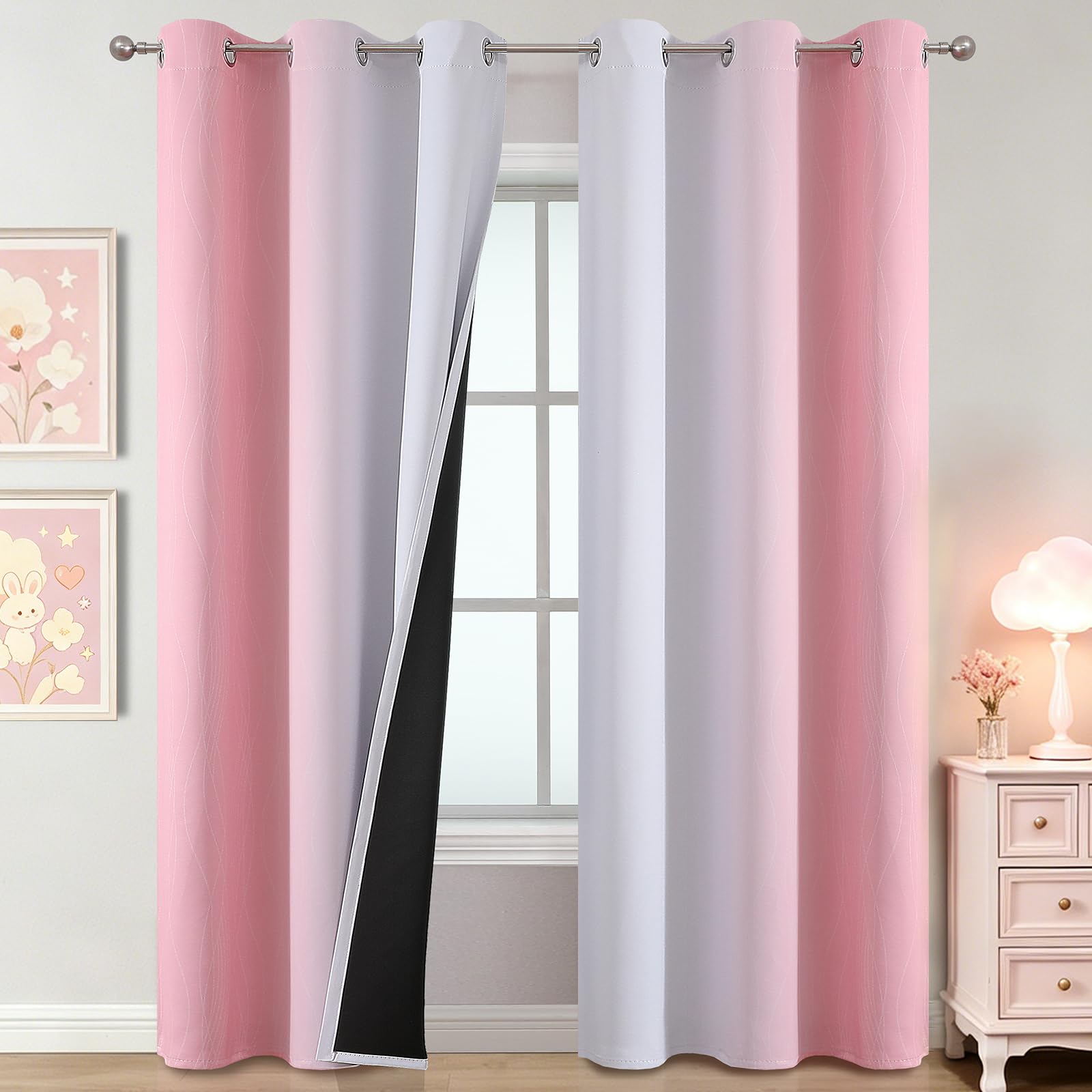 Estelar Textiler Pink and Greyish White Ombre Blackout Curtains 84 Inch Long for Kids Bedroom, Room Darkening Thermal Insulated Grommet Gradient Window Drapes for Living Room/Nursery, 42Wx84L,2 Panels