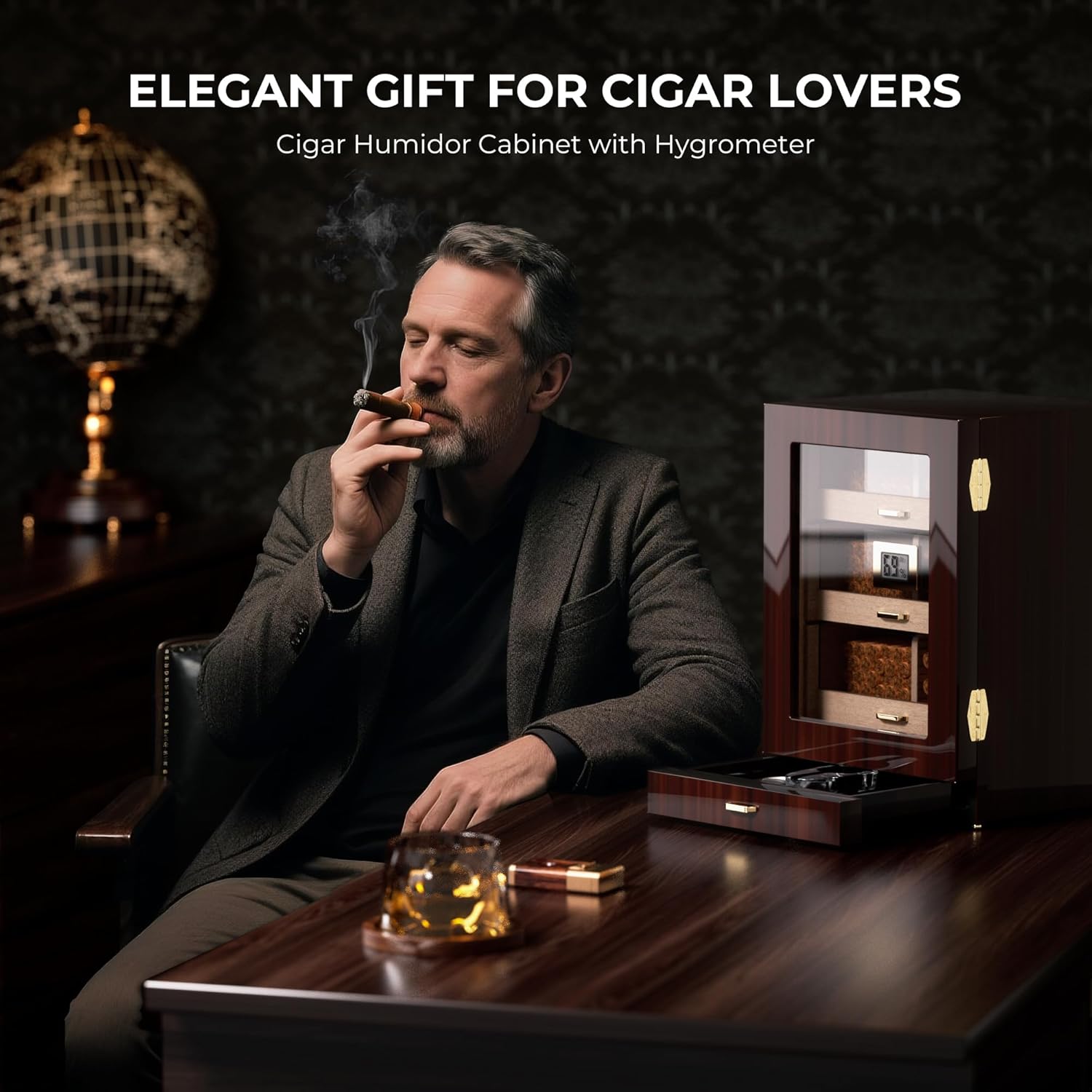 Woodronic Cigar Humidor Cabinet with Accessory Drawer, Magnetic Door, 3 Spanish Cedar Drawers & Dividers, Digital Hygrometer & Humidifiers, Glossy Ebony Finish, Holds 150 Cigars, Cigar Gift for Men