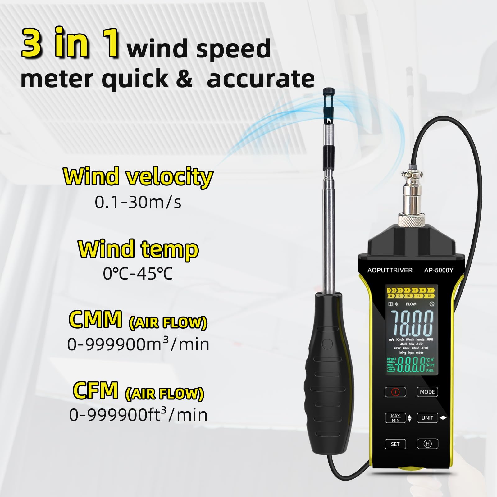 Hotwire Anemometer Handheld, HVAC Anemometer CFM/CMM Air Flow Velocity Meter with Telescopic Probe - Image 4