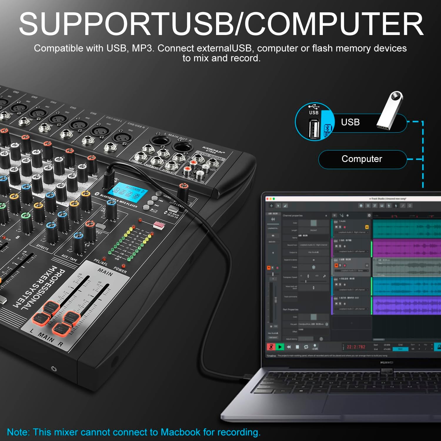 8 Channel Professional Audio Mixer with 48V Phantom Power, USB Audio Interface, Bluetooth & MP3 Player, Sound Board for Podcast, Home Studio, Live Streaming & Recording - Image 5