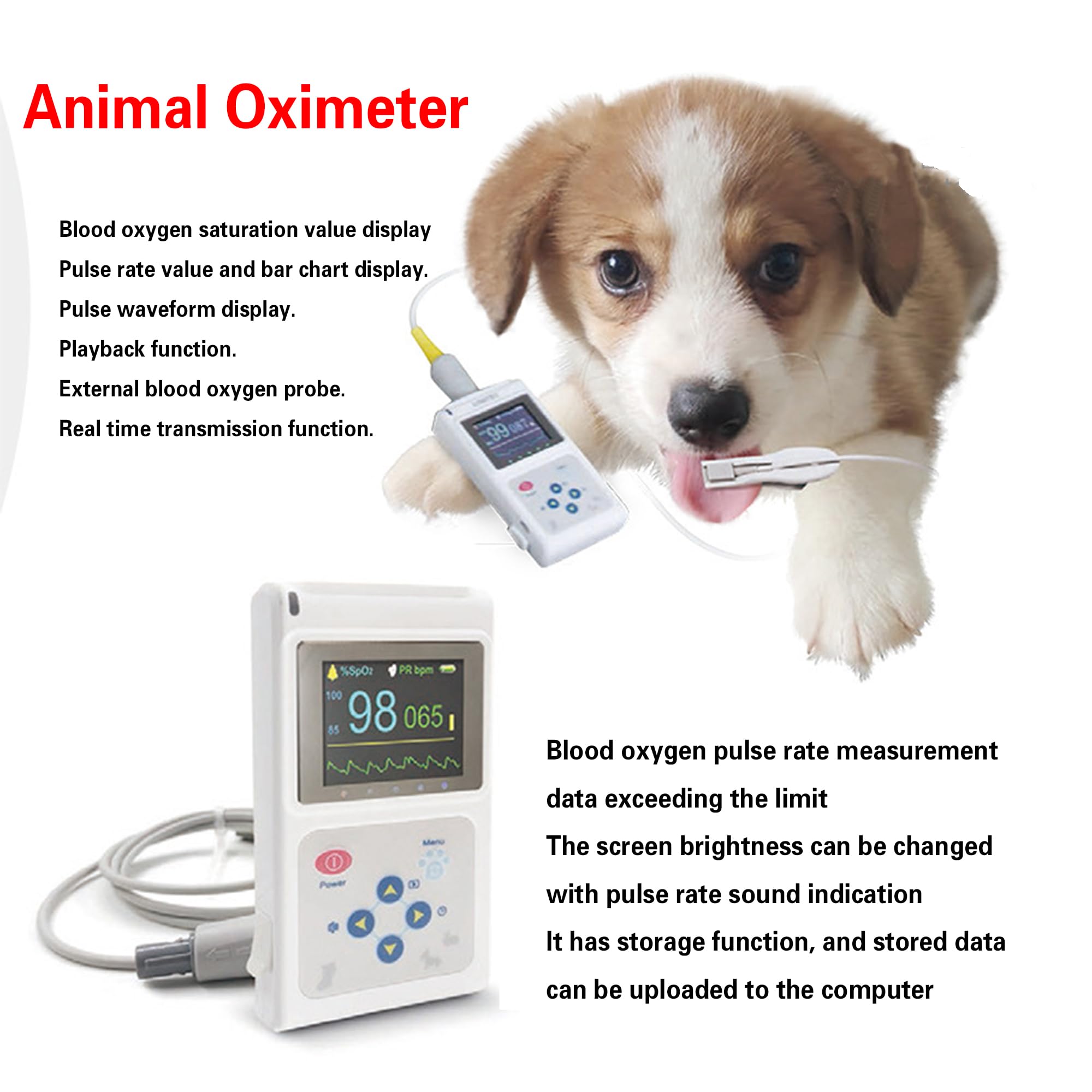 Oxímetro De Pulso Veterinario De Mano - Monitor De Salud De Mascotas Recargable con Sensor De Orejas/Lengua, Medidor De Frecuencia De Pulso Digital para Perros, Gatos Y Animales