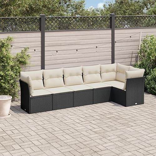 Miniatura 1 de 6 Piece Garden Sofa Set Black and Cream White, Modular Outdoor Furniture with Weather-Resistant Poly Rattan Frame, Removable Cushion Covers,