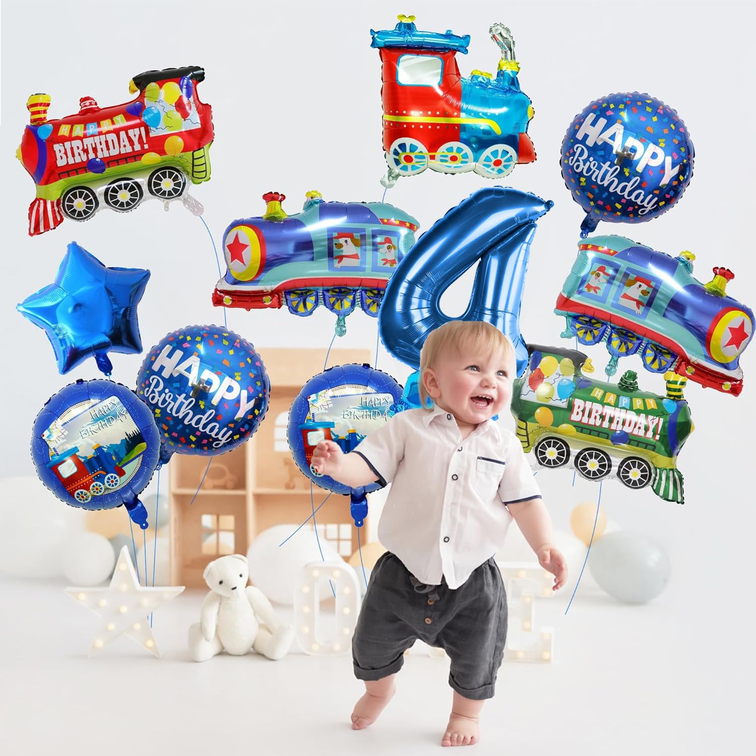 Zug Luftballons Set Für Den 4. Geburtstag – 12 Heliumballons In Blau, Mit Zug-Motiven Für Kinder-Deko