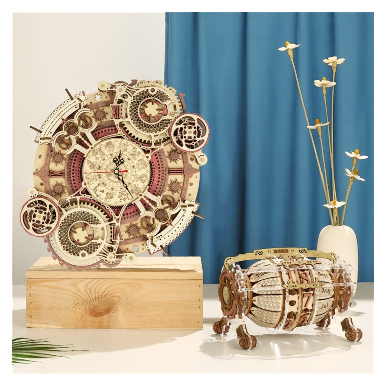 Zegary ścienne DIY montaż zabawka prezenty dzieci dorośli LC3D drewniany model zestaw klocków zodiaku zegar ścienny dekoracyjny zegar ścienny (kolor: kalendarz z silnikiem czasowym)