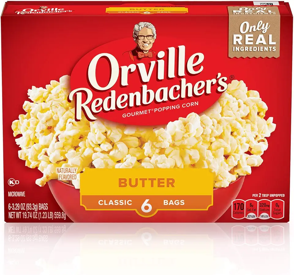Orville Redenbacher’s Microwave Popcorn, Classic Butter Flavor, 2g Fiber Per Serving, Movie Night Supplies, 3.3 oz., 6-Count