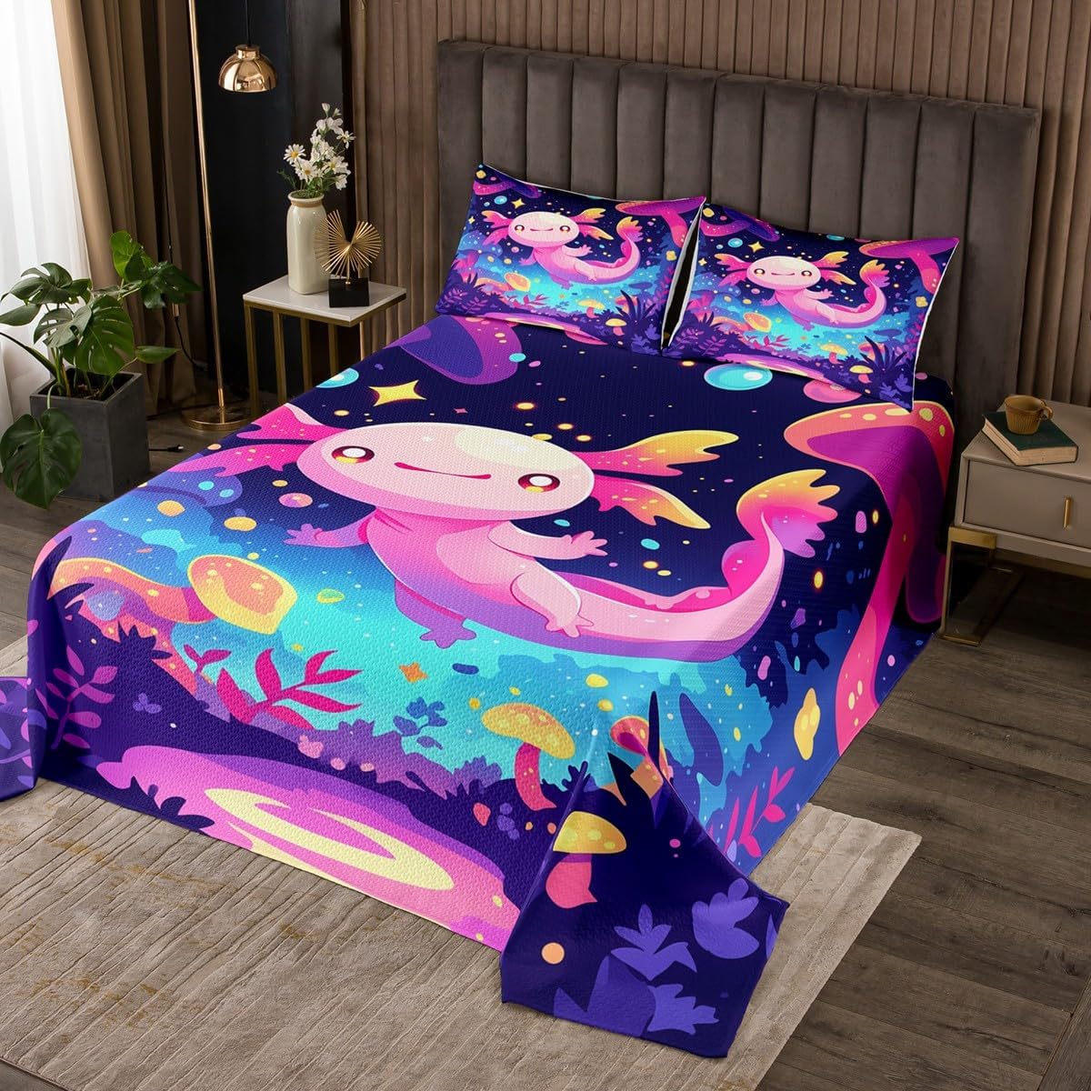 Whale Astronaut Bedspread Queen Size,Stars Universe Planet Kids Bedding Set for Teens Boys Girls Room Decor,Glitter Outer Space Black Quilt 3Pcs,Cartoon Sealife Coverlet Set,2 Pillowcases