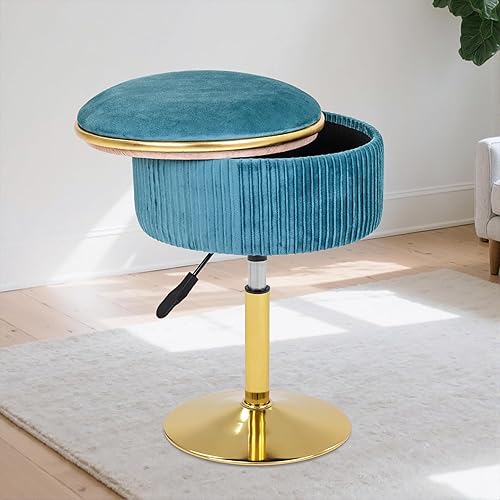 Miniatura 11 de Taburete de tocador ajustable con almacenamiento, silla taburete de maquillaje giratorio de 360°, otomana redonda pequeña de terciopelo con base