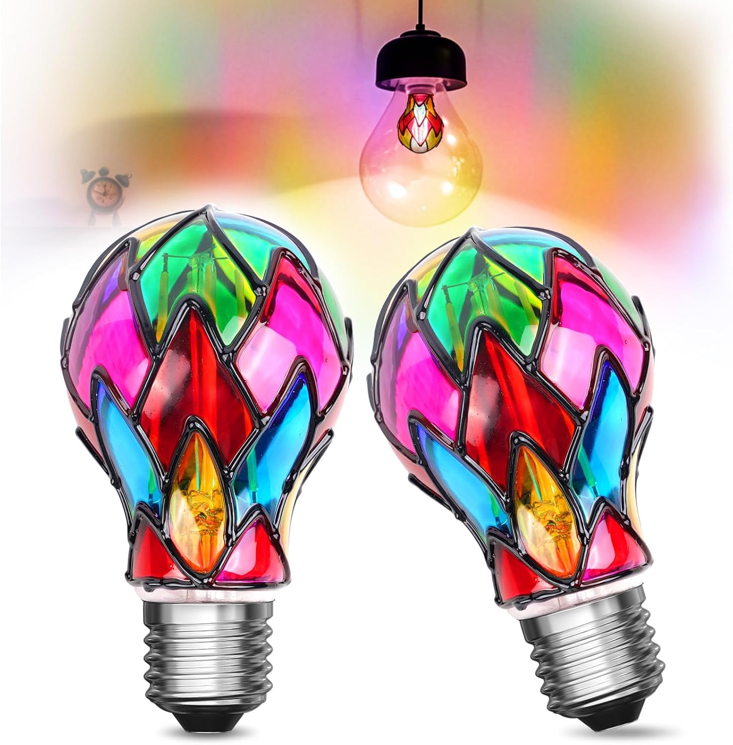 Lustaled 6W LED Stained Glass Light Bulb, E26 Mosaic Light Bulb 2700K Warm White A60/A19 Colorful Unique Decorative Light Bulb Non-Dimmable for Table Lamp, Floor Lamps, Party,Pendant- 2 Pack