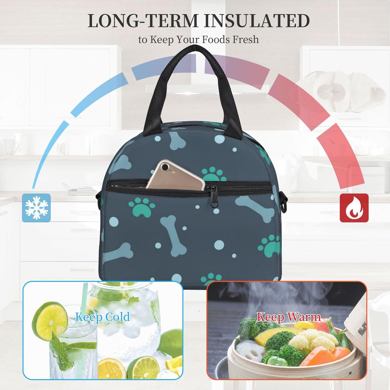 Bones and dog claws Print Reusable Lunch Bag Insulated Lunch Boxes for Office Work Picnic Tote Bag Adjustable