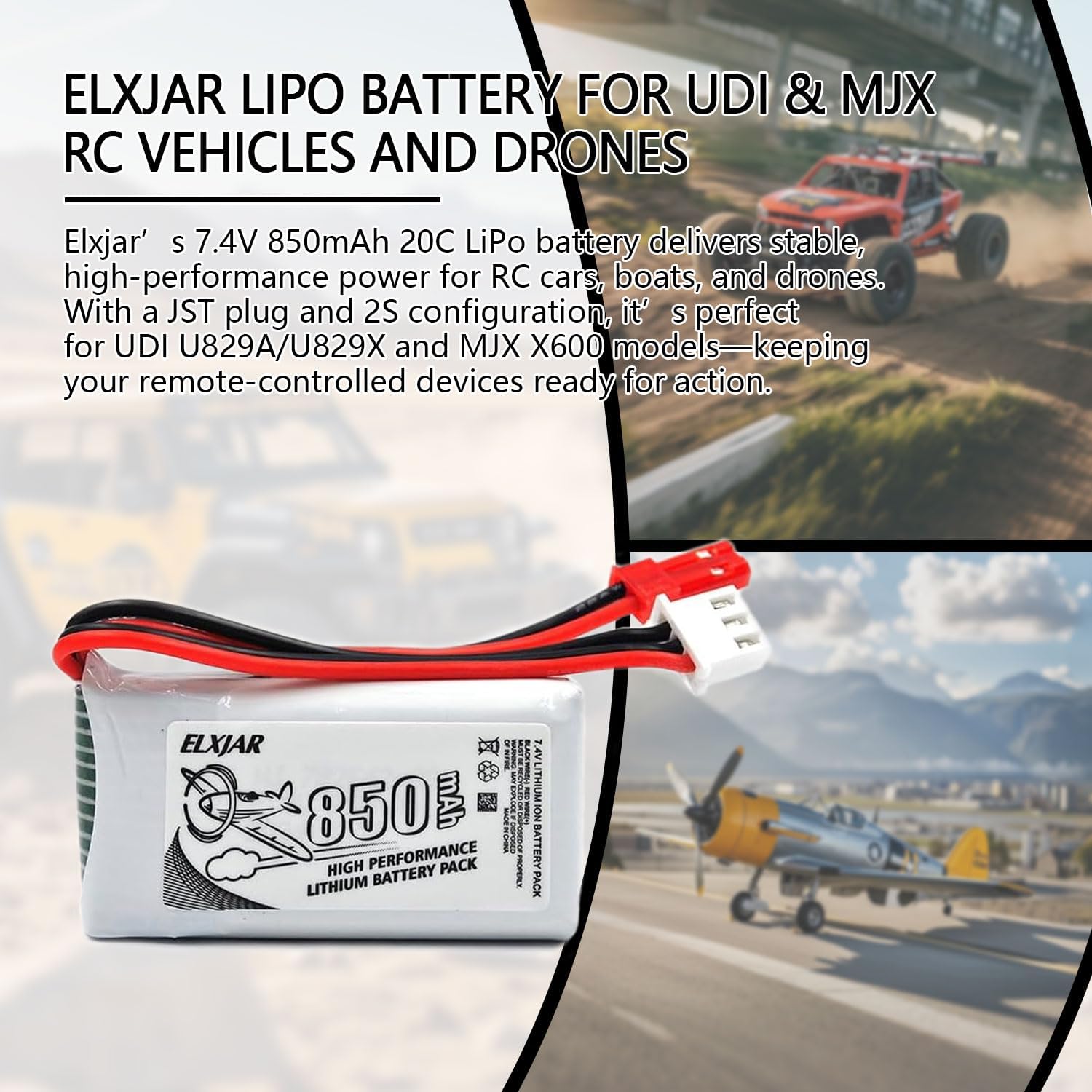 (4-Pack) 7.4V 850mAh 20C LiPo Battery with JST Plug for UDI U829A, U829X, MJX X600 RC Car, Boat, Drone