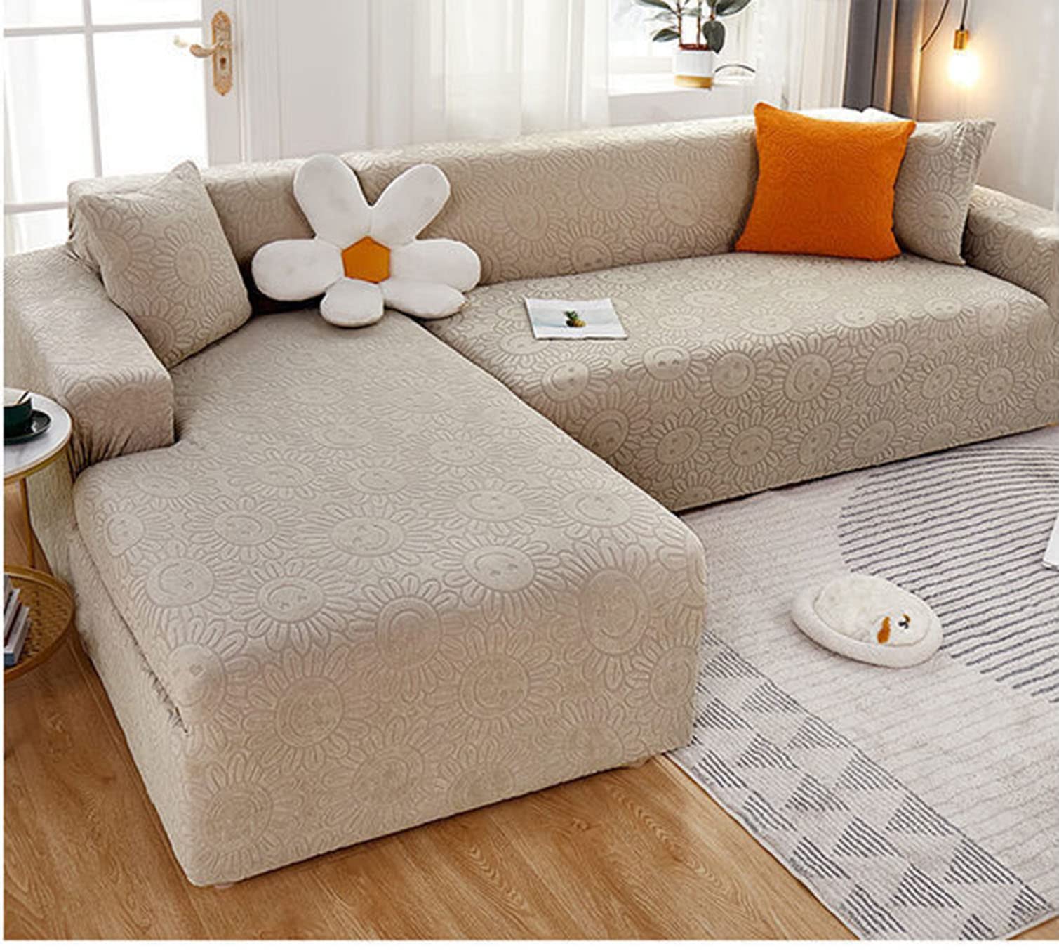 Housse de canapé d'angle en jacquard extensible 4 places marron