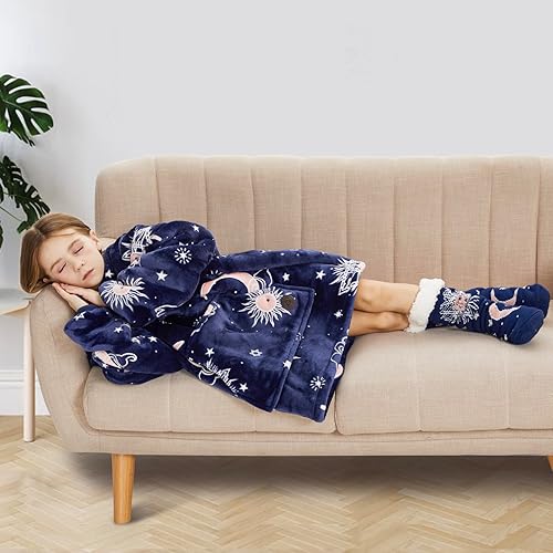 Miniatura 6 de THREE POODLE Manta con capucha para niños, manta Sherpa de gran tamaño con capucha para niños, extremadamente acogedora, cálida, suave y mullida,