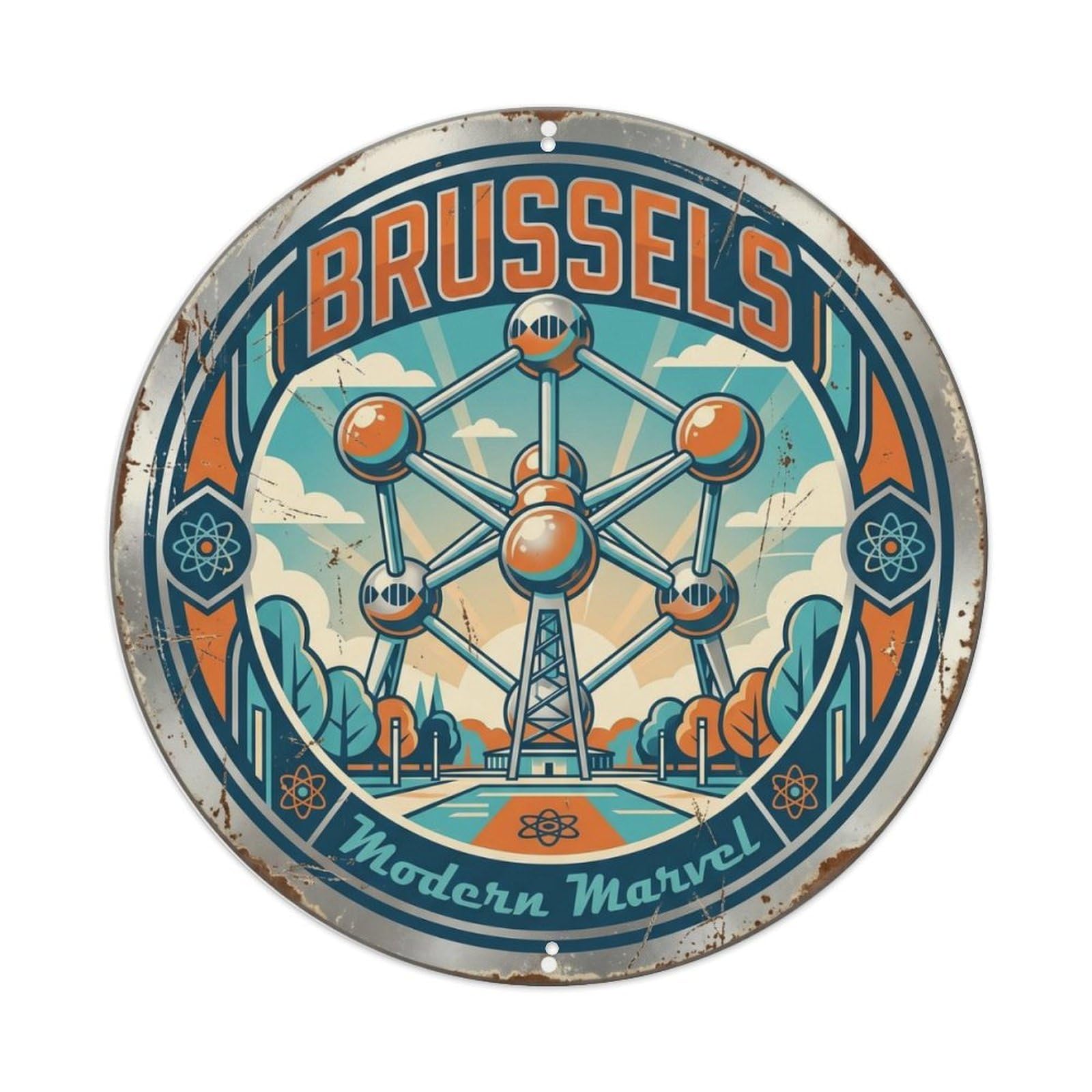 Vintage Travel Brussels Atomium Futuristic Metal Tin Sign Plaque Wall Decor for Cafe, Club, Garden Round Metal Poster 8x8Inch