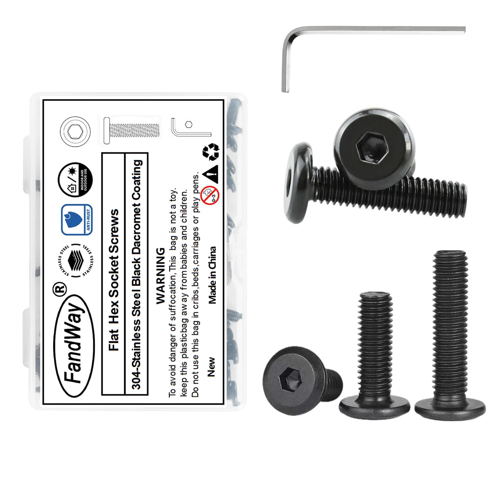 FandWay 30Pcs M4 Hex Bolts,M4x20mm Allen Screws,Flat Hex Socket Furniture Machine Screws,304 Stainless Steel Bolts Black Fully Threaded With 1 Allen Key For Bed & Wood Machinery Repair.