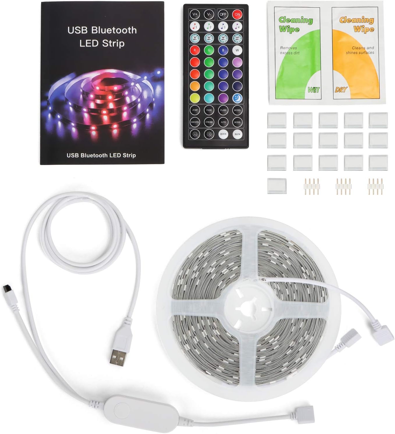Contents of the TASMOR LED Strip Light package, including the coiled LED strip, remote control, USB cable with in-line controller, user manual, and cleaning wipes.