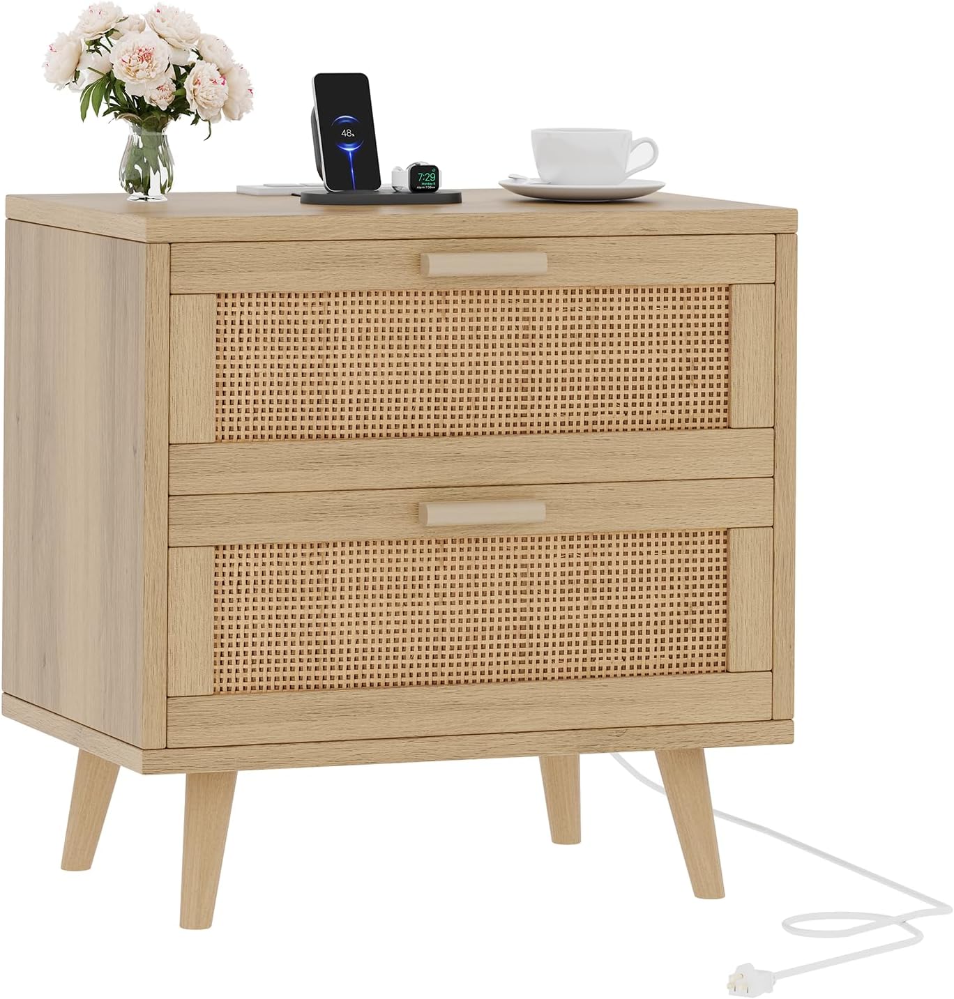 Rovaurx Rattan Nightstand with 2 Drawers, Bedside Table Small Night Stand with Charging Station, End Table for Bedroom, Boho Side Table with Solid Wood Legs for Bedroom, Modern Natural RCTG111ME