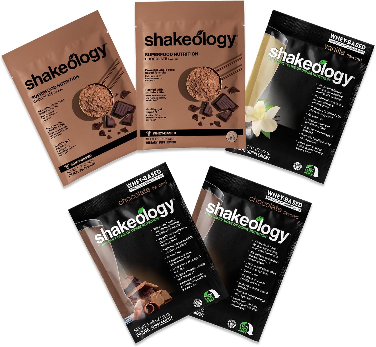 Shakeology Sampler Pack Whey Protein Powder, 0g Added Sugar, Gluten Free Superfood Protein Shake with Supergreens, Probiotics, Digestive Enzymes, Adaptogens, Vitamins, 16g Protein per Serving