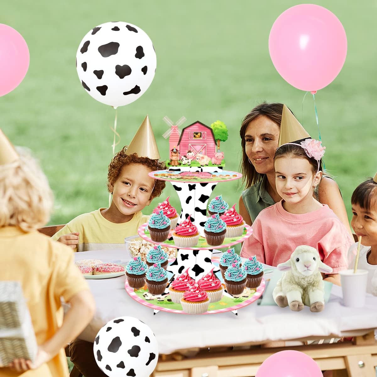 Farm Animal Party Cupcake Stand for Girls Pink 3-Tier Cake Stand Farm Theme Decorations Supplies Barnyard Table Cake Holder Decorations for Baby Shower Farm Animal Birthday
